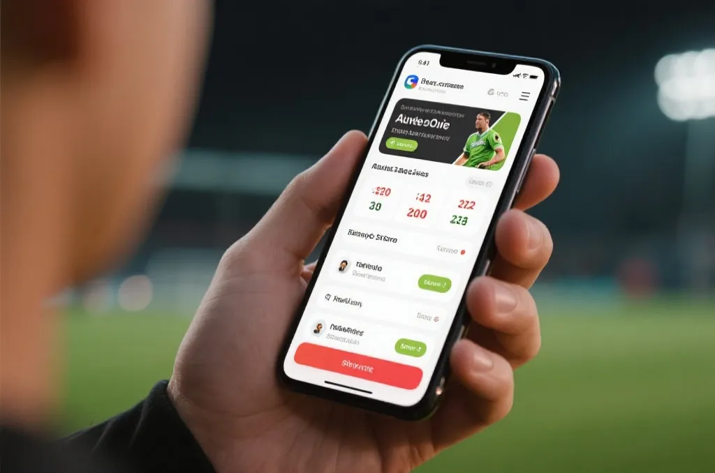 A person holding a modern smartphone showing real-time sports updates and live scores on an app